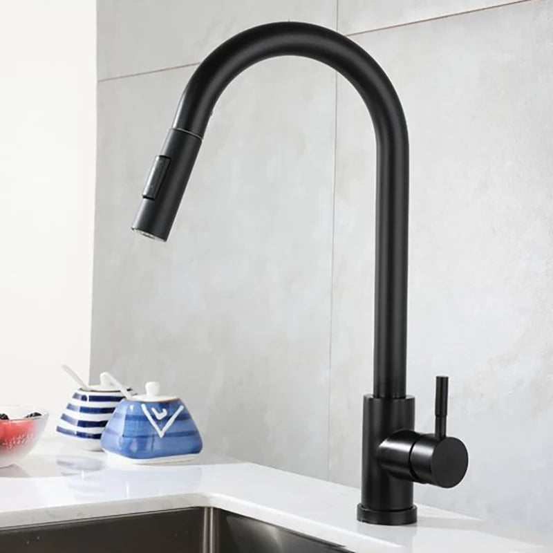 Stainless Steel Kitchen Sink Faucet Pull Out Sprayer Hot Cold Water Mixer Tap Deck Mounted Single Hole Modern Kitchen Tap