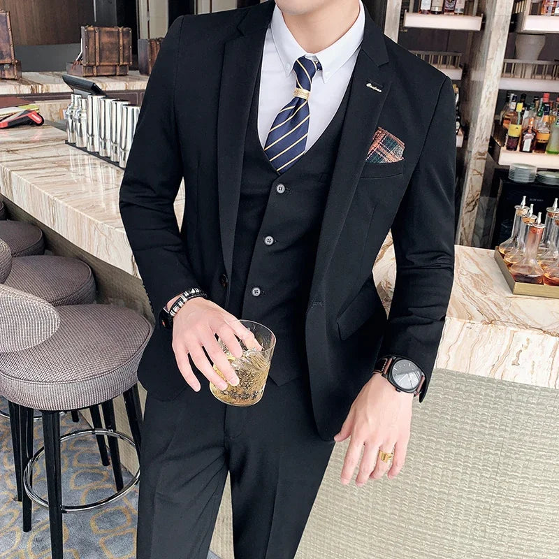 S-7XL ( Blazer + Vest + Pants ) Striped Plaid Solid Color Mens Formal Business Suit 3Pcs Set Groom Wedding Social Show Dress