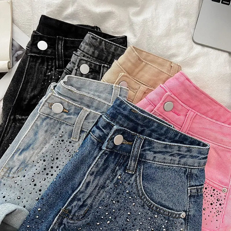 Retro Fashion Rhinestone Denim Shorts Women Pink Summer New A-Line Wide Leg Jeans Ultra Short For Hot Girls Bottoms
