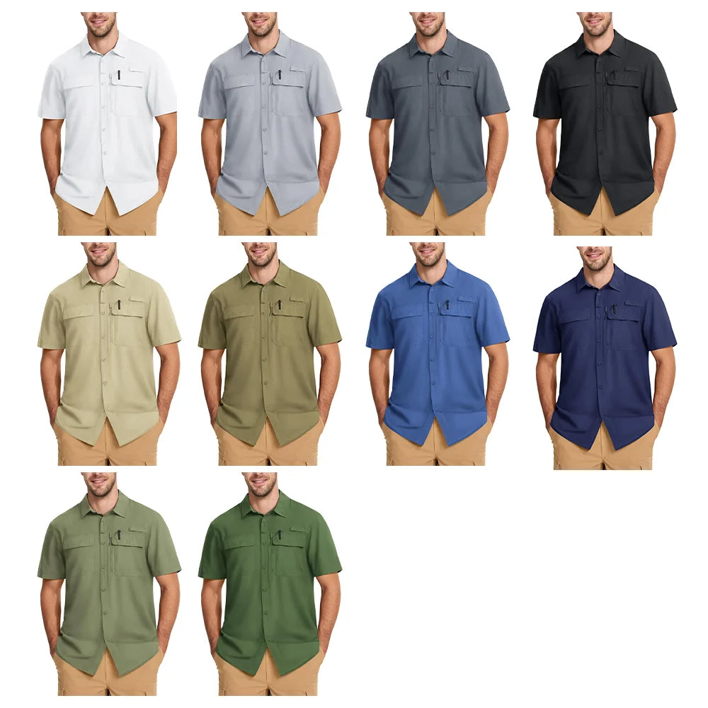 TACVASEN Quick Dry Short Sleeve Shirts Men's UPF 50+ Sun Protection Work Cargo Shirts Mesh Breathable Hiking Fishing Shirts Man