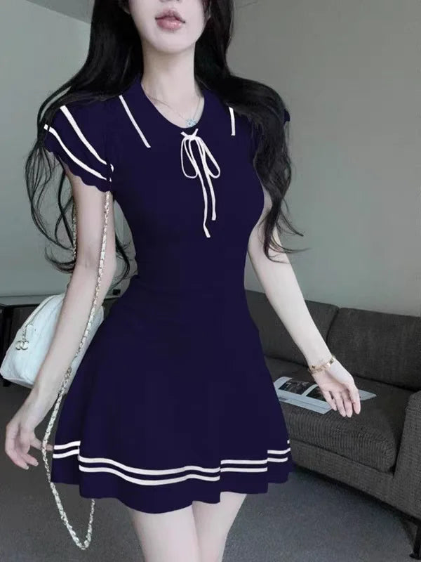 Women's White Short Sleeve Peter Pan Collar Bow Sundress Striped Hem Stretchy Ribbed Knit Mini Dress Casual Preppy Style Dress