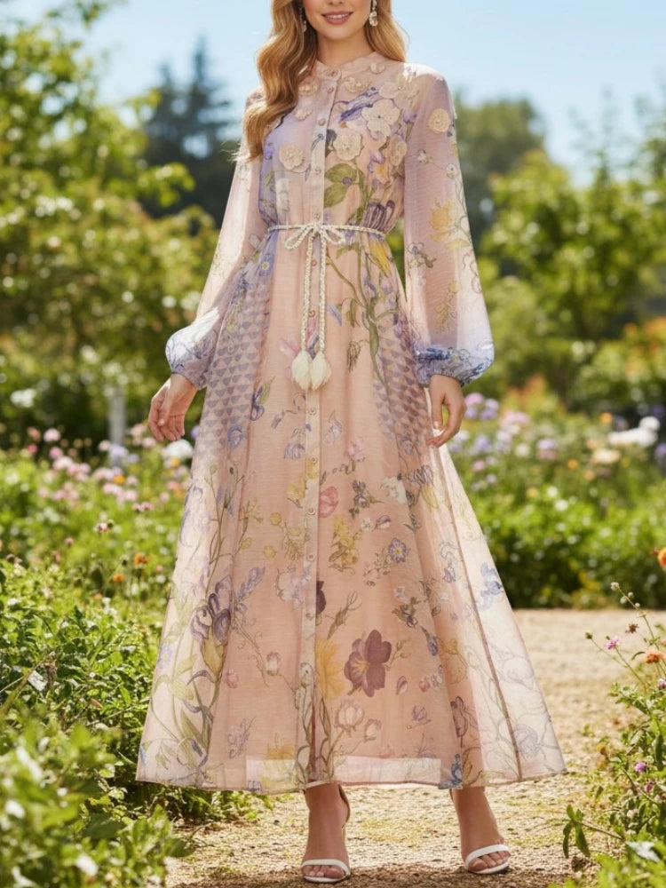 Elegant Maxi Dress for Women V Neck Lantern Sleeve High Waist Spliced Lace Up Colorblock Printed Single-breasted Dresses Female