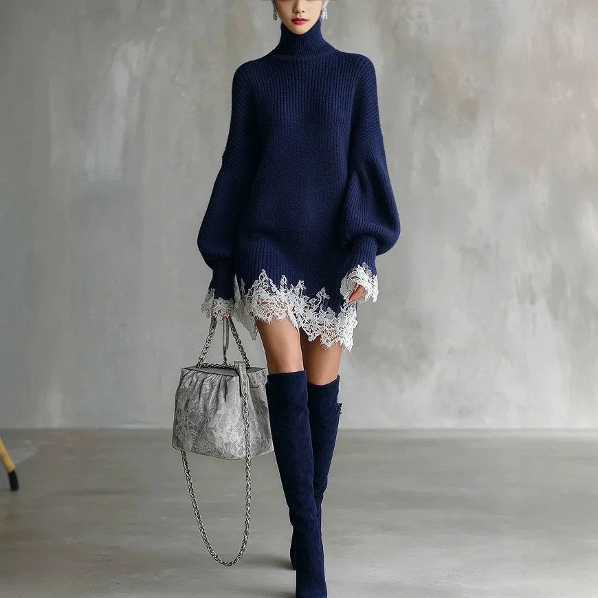 Wome Knitting Dress 2026 New Ladies Loose Fit Turtleneck Knitted Dress Autumn Lace Spliced Long Sleeve Sweater Midi Warm Dress