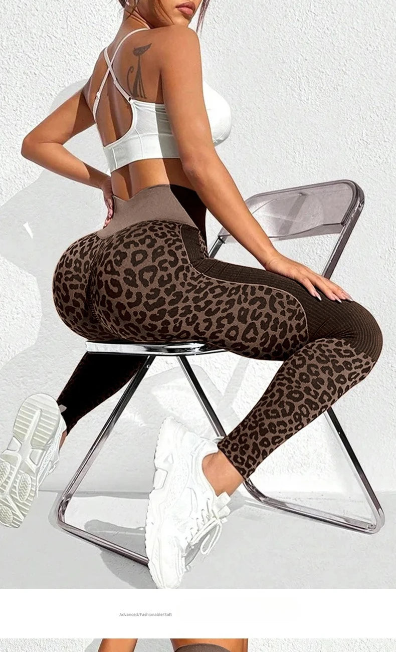 Women Leopard Print Leggings Seamless Knited Yoga Pants High Elastic Sexy Hip Liftting Workout Running Fitness Pants