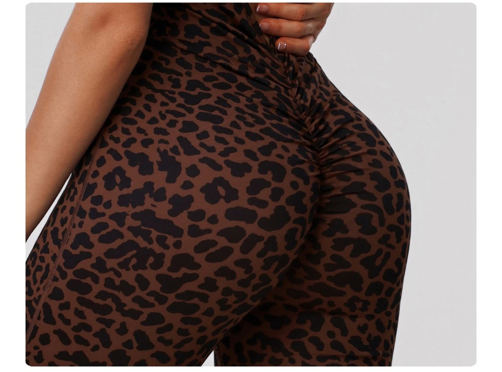 Greenora Leopard Print Yoga Jumpsuit Sleeveless Backless Flare Romper High Waist Slimming Athletic Bodysuit for Workout Fitness