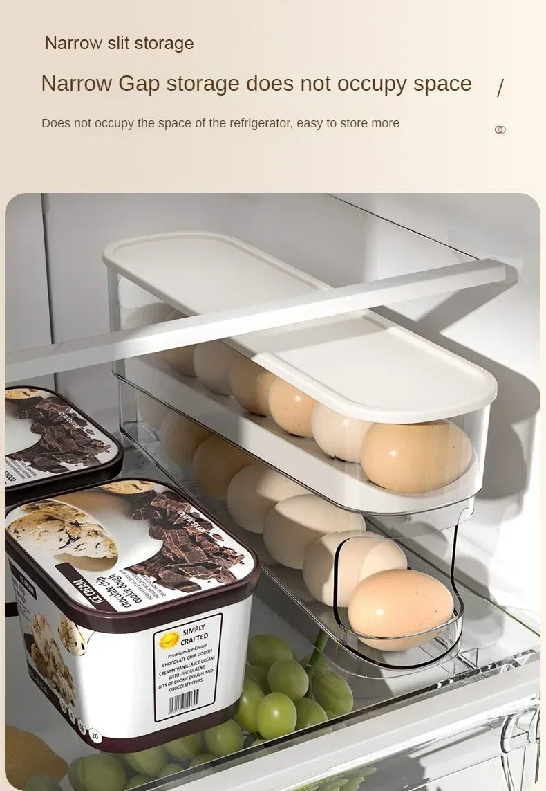 Double Layers Egg Storage Box Refrigerator Automatic Rolling Slide Egg Rack Refrigerator Side Door Freshness Box Kitchen Storage