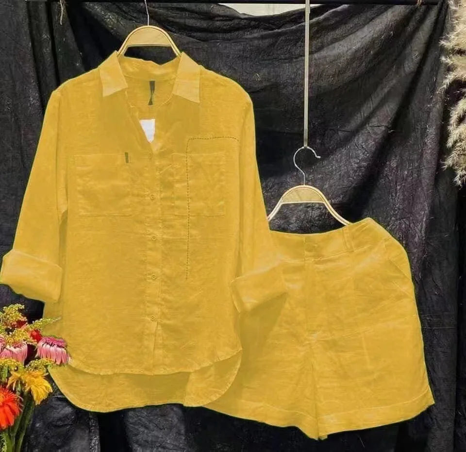 2024 Summer Cotton Linen Casual Home 2 Piece Set For Women Fashion White Long Sleeve Shirt And Shorts Two Piece Sets Tracksuit