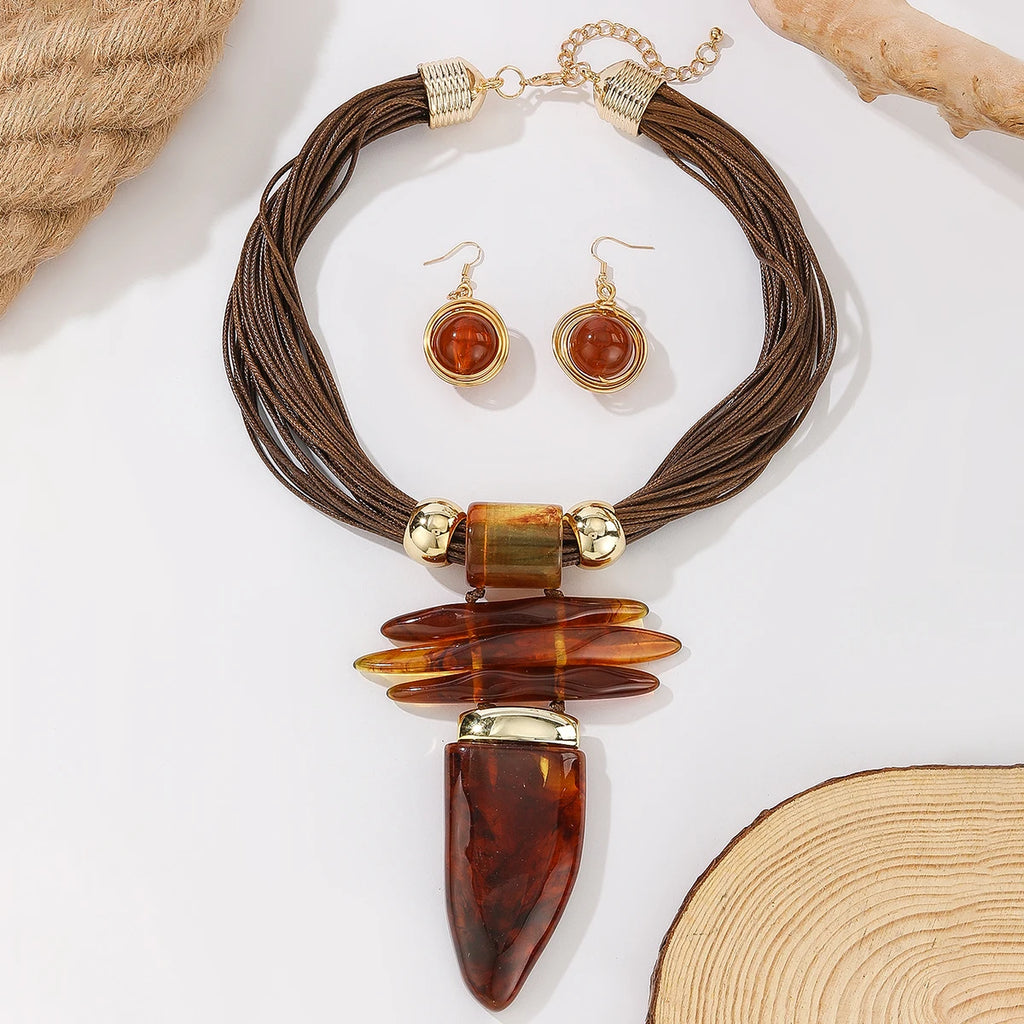 Western Jewelry Set Fashion Irregular Imitation Turquoise Wax Rope Statement Necklace And Earrings Women's Party Accessories