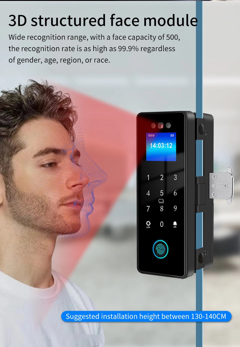WIFI 3D Face Smart Lock for Glass Door with Camera Fingerprint Face Recognize Card Password Biometric Key App Unlock