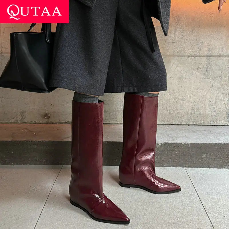 QUTAA 2025 News Women Knee High Boots Leather Wedge Heels Autumn Shoes Pointed Toe Woman Winter Party Lady Long Boots Size 34-40