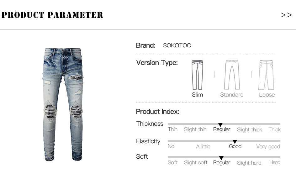 Men Paisley Bandana Print Patch Jeans Streetwear High Stretch Denim Pants Holes Ripped Patchwork Skinny Tapered Trousers