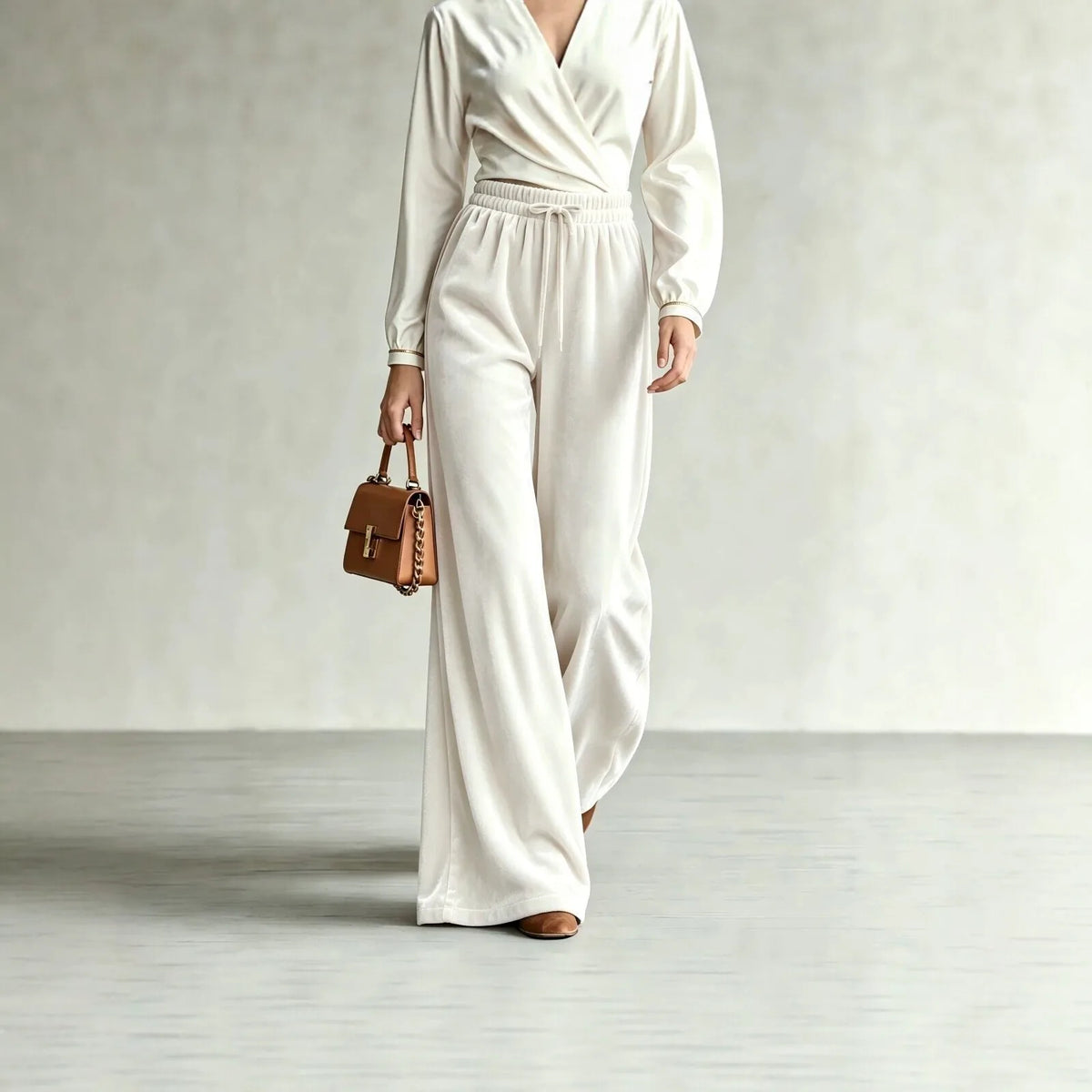 New Winter Women's Velvet Wide-leg Pants Drawstring High-waisted Pants Trousers