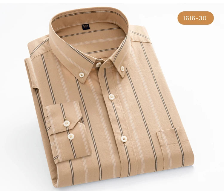 Men's 100% Cotton Breathable Oxford Fabric Dress Shirt, Plaid Striped Casual Long Sleeve, Button-Up with Collar and Chest Pocket