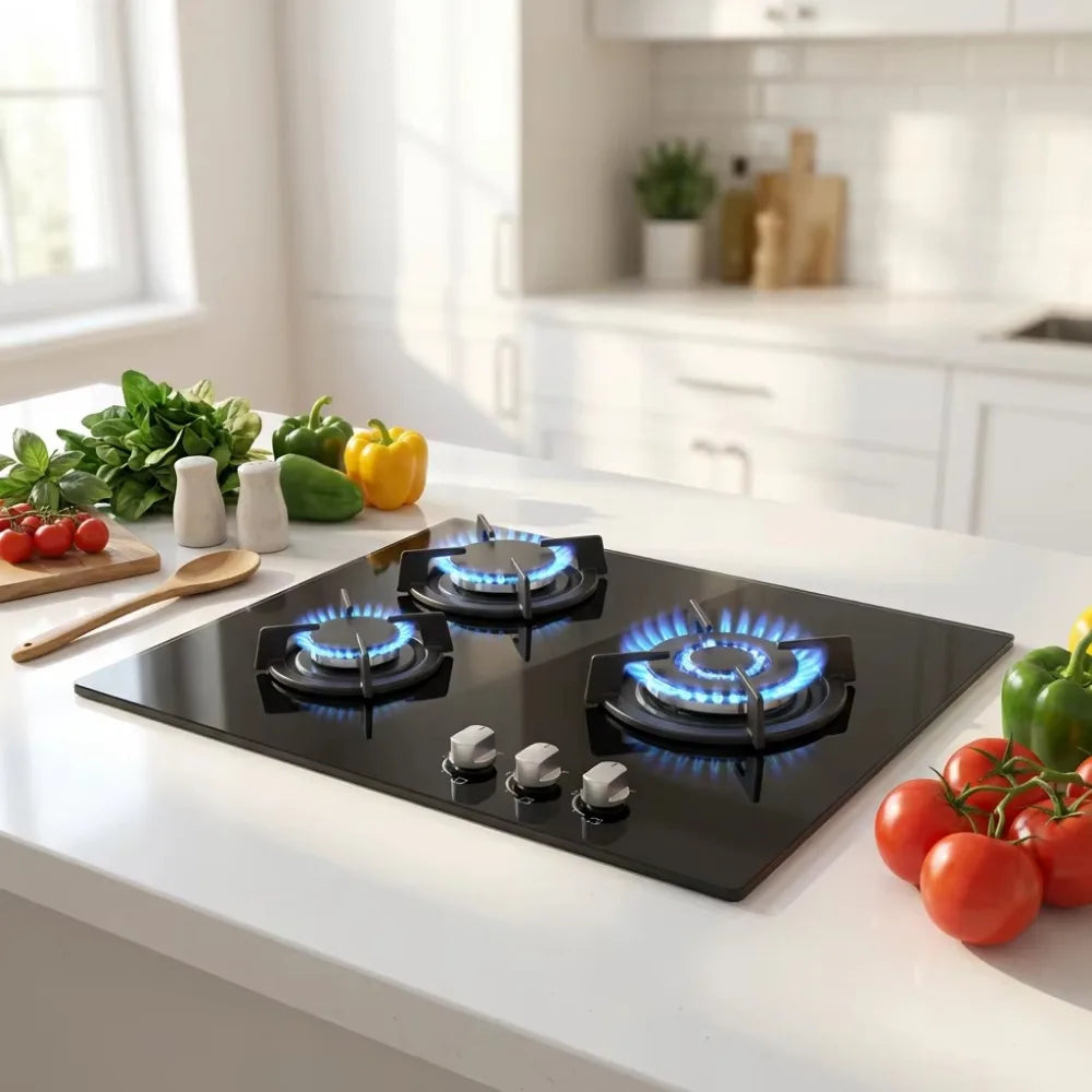 3 Burner Built-in Gas Hob 60cm Black Tempered Glass LPG Gas Cooktop with Timer Knob Control Kitchen Stove