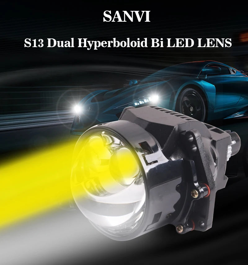 Sanvi 3” S13 Bi LED Dual Hyperboloid Projector Lens Headlights Angel Eyes 12V 68W 5500K 18000LUX For H4 H7 9005 Car Accessories