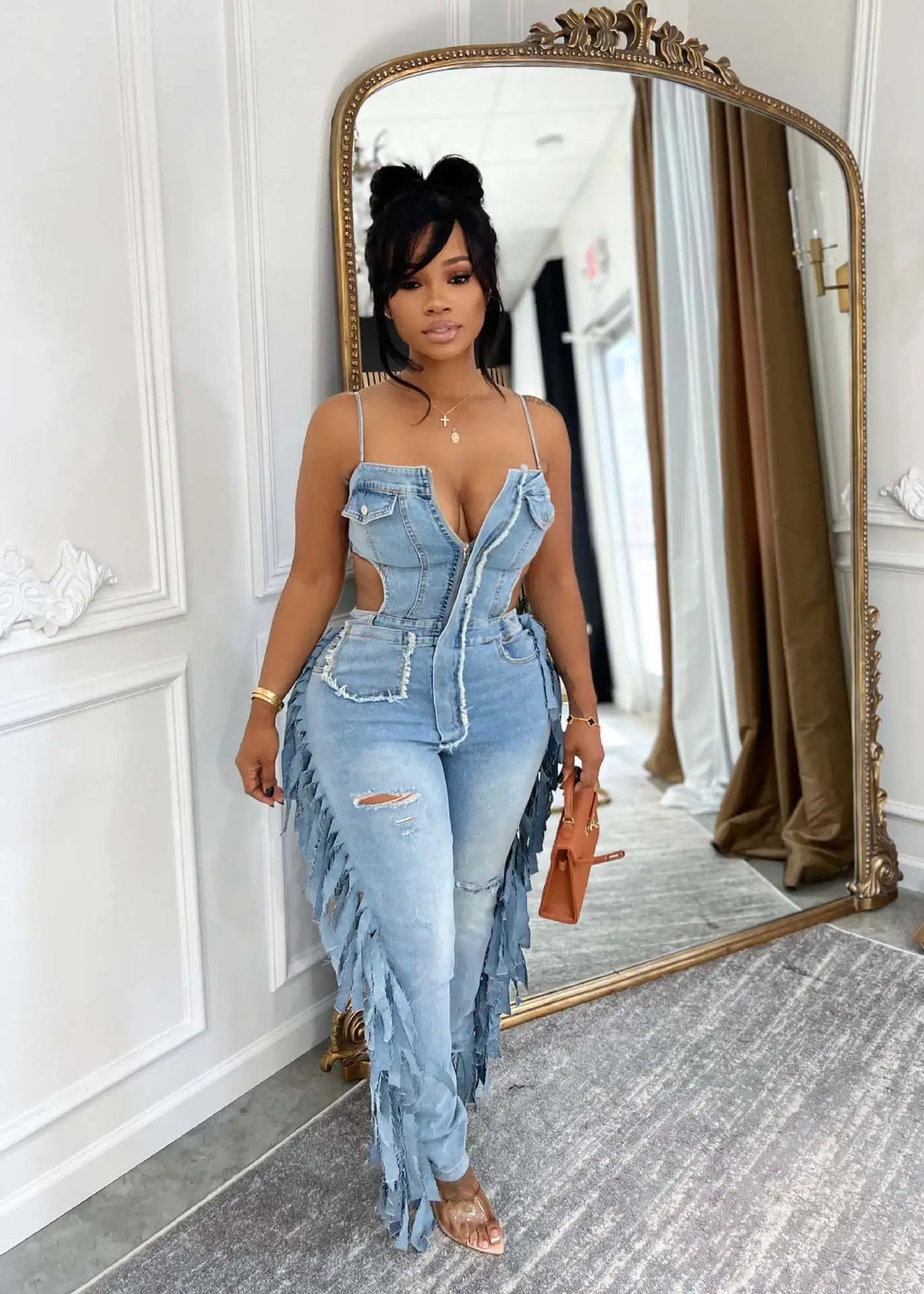 FAGADOER Fashion Hollow-out Bodycon Denim Jumpsuit Women Spaghetti Strap Tassel Patchwork Rompers Female Streetwear Overalls New