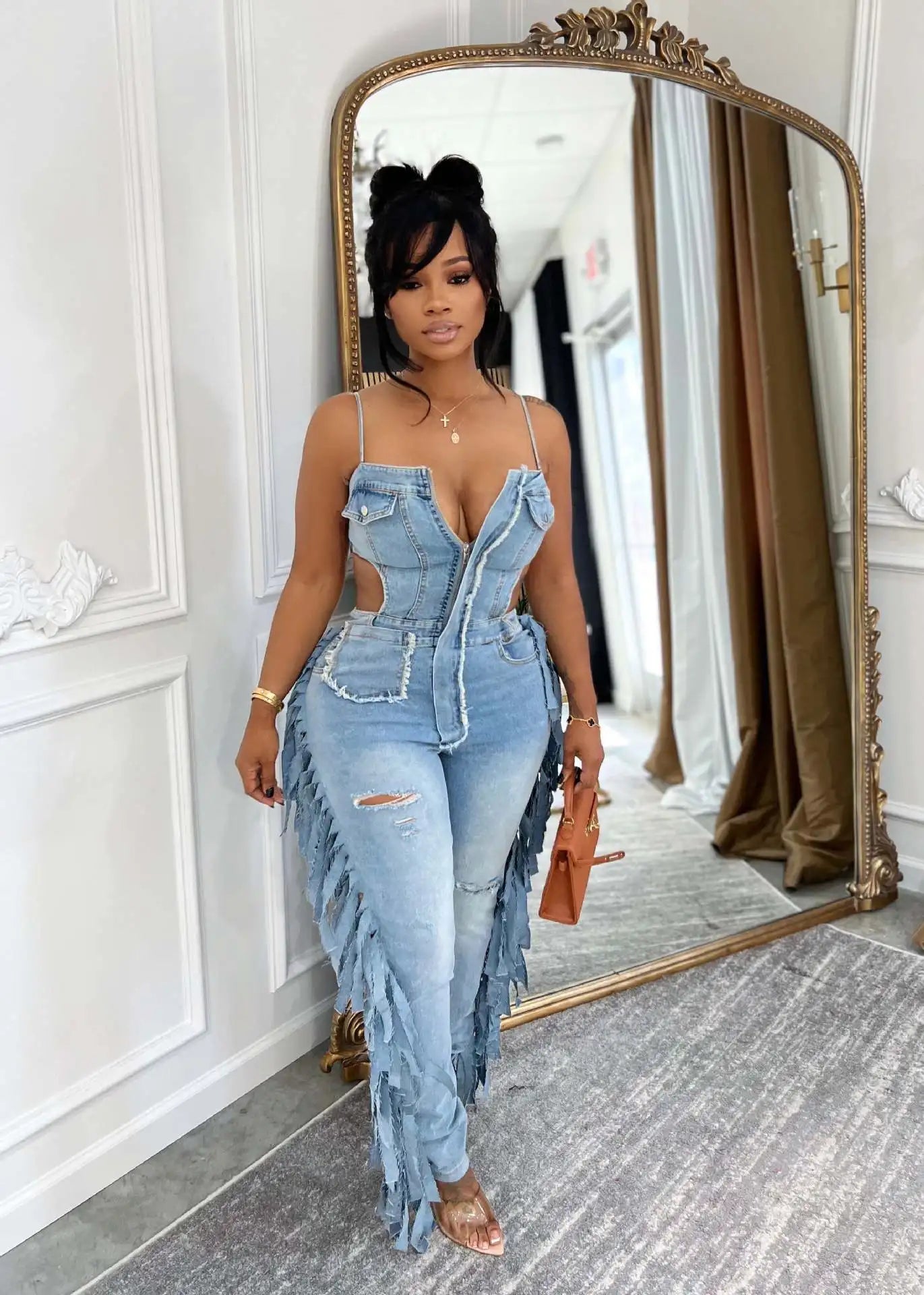 FAGADOER Fashion Hollow-out Bodycon Denim Jumpsuit Women Spaghetti Strap Tassel Patchwork Rompers Female Streetwear Overalls New