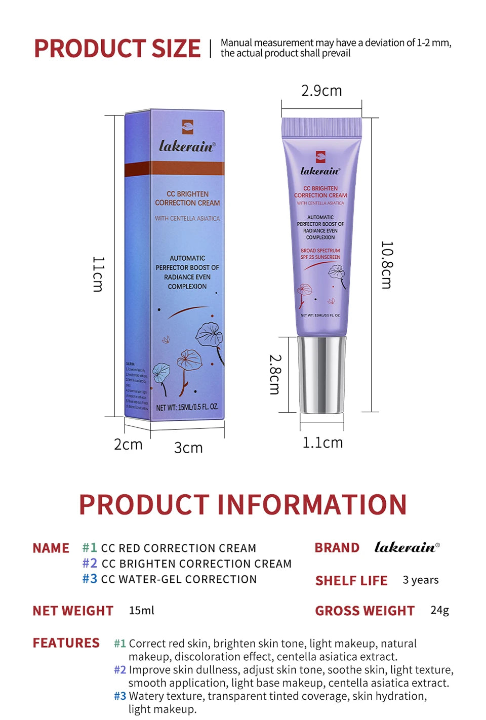 3Pcs Free Brush Color Changing CC Cream Centella Korean Liquid Foundation Long Lasting Face Base Makeup Foundation
