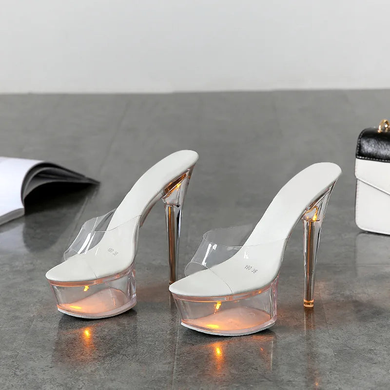 Sexy Crystal Heel Slippers Transparent High Heels Nightclub Performance Show Shoes PU Material Waterproof Platform Rubber Sole