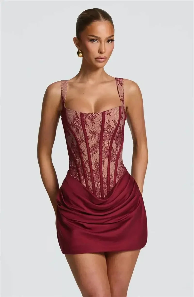 Satin Lace Corset Patchwork Mini Dress Women Square Neck Wide Strap Ruched Bodycon Short Dresses Sexy Club Party Cocktail Robes