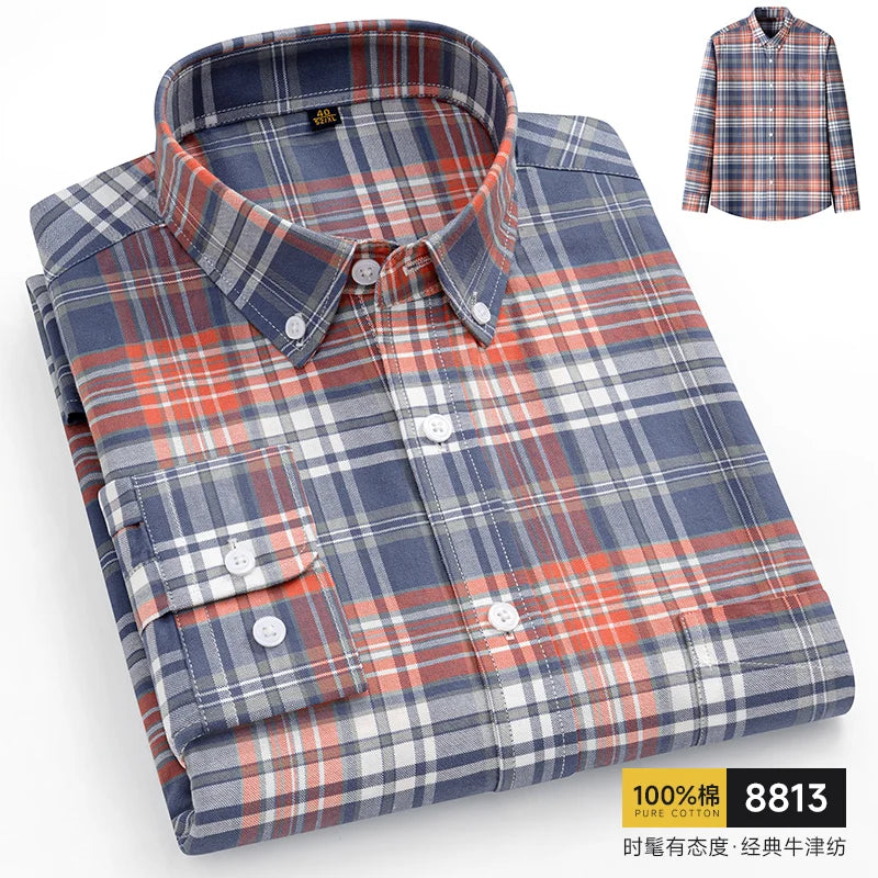 Men's Oxford Pattern Shirt Long Sleeve Big Size S-11XL Cotton Slim Fit Business Casual Traditional Shirts Easy Care Comfort