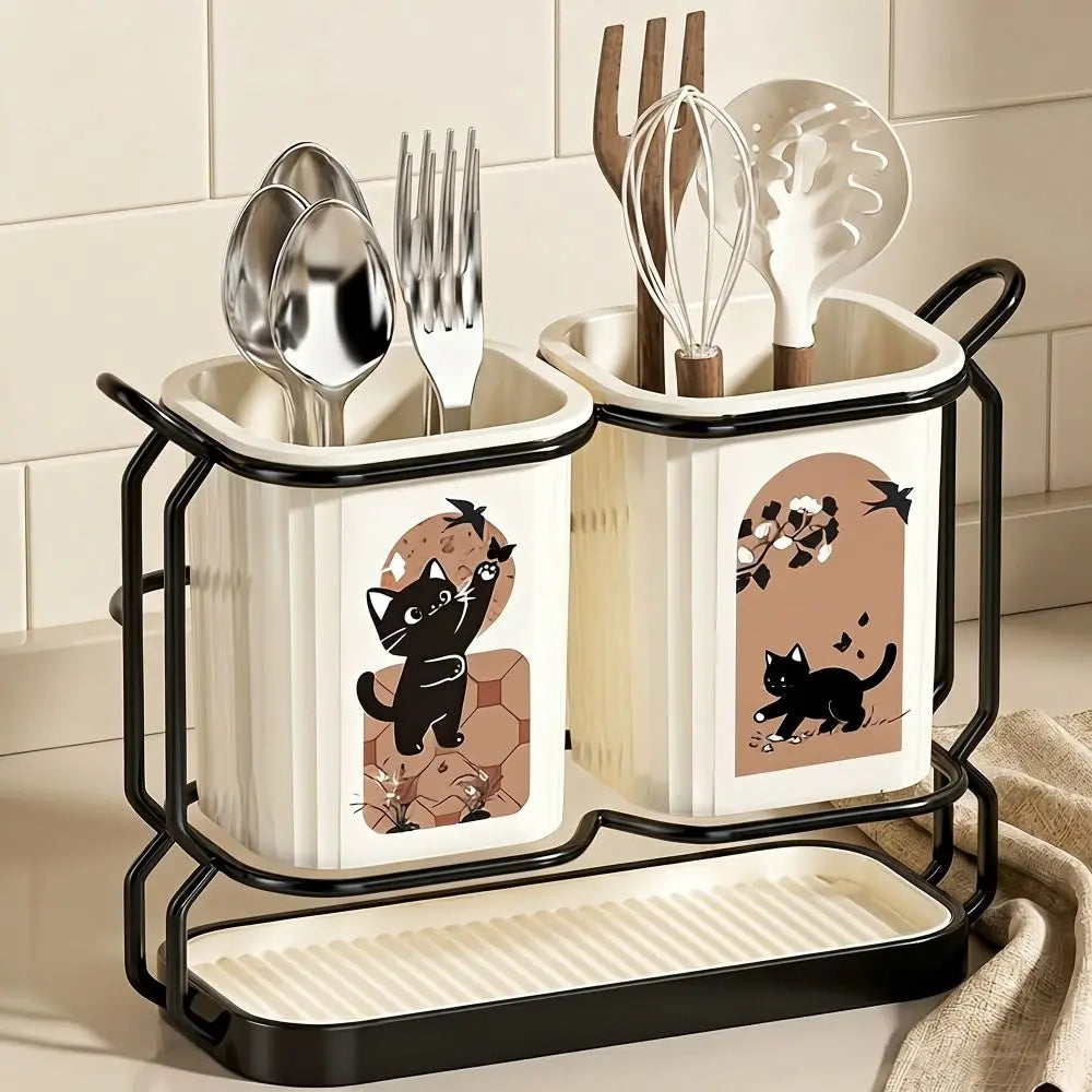 Cute Cat Kitchen Storage Basket Durable Standing Chopsticks Holder Organizer No-drill Tableware Drainer Kitchen