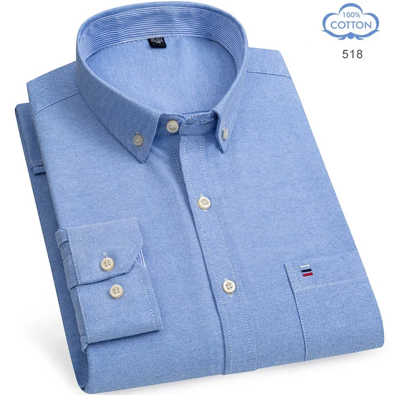 2025 Men's Social Shirt Pure Cotton Oxford Luxury Brand Thin Soft Buttoned Plaid Formal Work Western Clothing