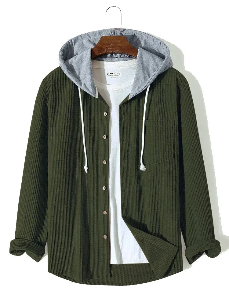 Spring Autumn Patchwork Thick Hooded Shirt Men Waffle Long sleeved Hoodie Fashion Casual Loose Sweatshirt Tops Oversized Shirts