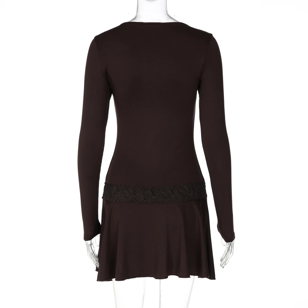 Dulzura V-Neck Long Sleeve Slim Fit Lace Patchwork Mini Dress Women'S Solid Sexy Elegant Dress Party Office Street Autumn Outfit