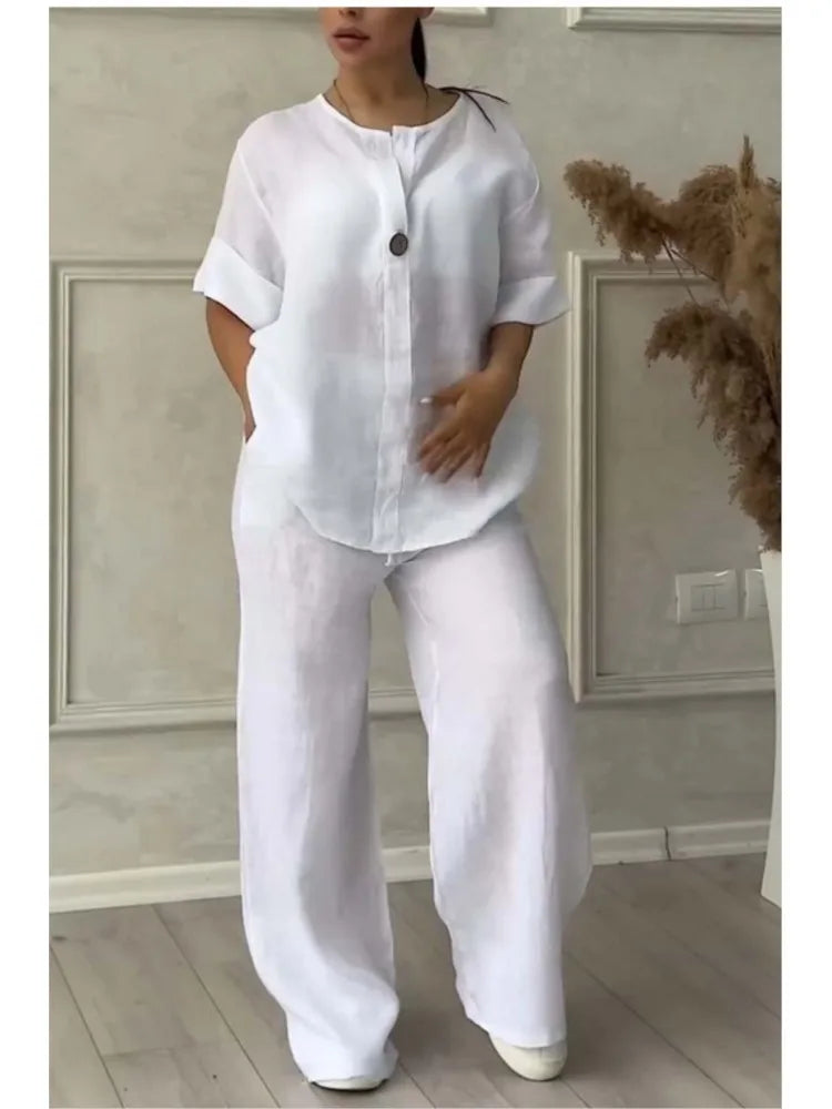 Fashion O Neck Long Sleeve Cotton Linen Shirt Suit Women Spring Autumn Casual Solid Color Pocket Pants Female Office 2 Piece Set