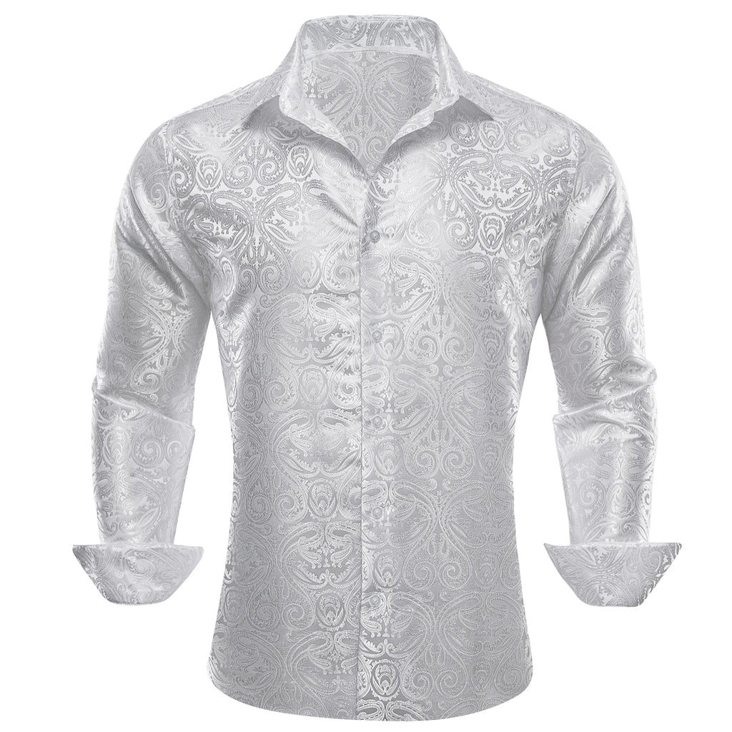 Barry.Wang Luxury Silk Mens Shirts Jacquard Floral Long Sleeve Formal Casual Breathable Male Blouses Wedding Business Prom Gift