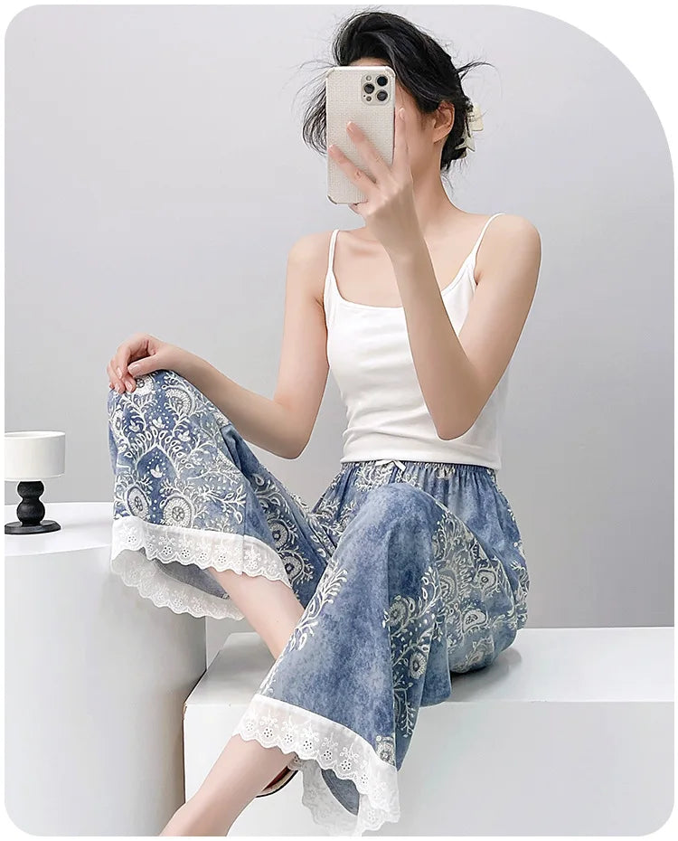 Women Viscose Casual Trousers With Lace Loose Pajamas Home Pants Thin Wide Leg Pants Fashion Oversized Sleep Bottom Korean Pants