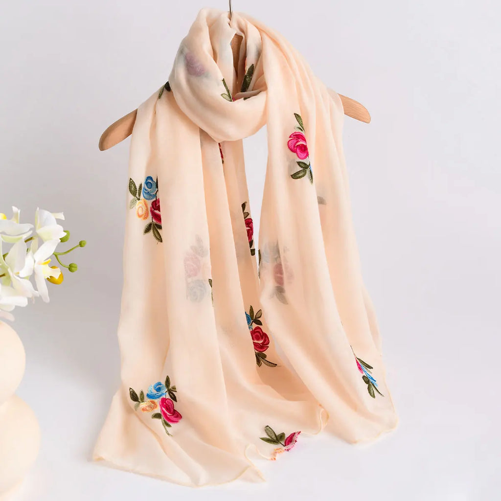 Spring and Summer Lightweight Breathable Cotton and Linen Embroidery Scarf Ethnic Style Fashionable Soft Women's Sunscreen Scarf
