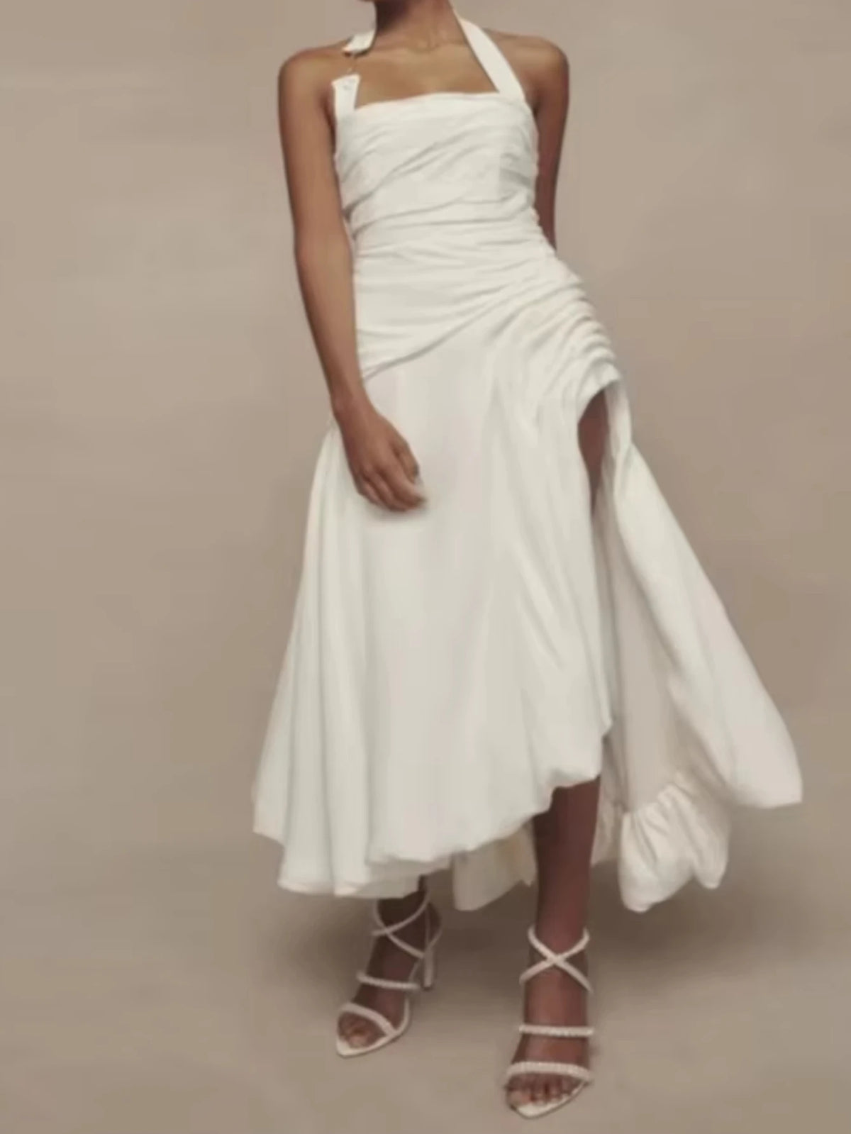 Customized Exquisite White Halter Square Neck Ruched High Slit Chiffon Midi 2026 New Elegant Guest Banquet Tea Length Prom Dress