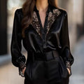 Women's Solid Color Satin Blouse Lace Insert Collared Long Puff Sleeve Shirt Elegant Formal Outfit For Office 2026 Spring