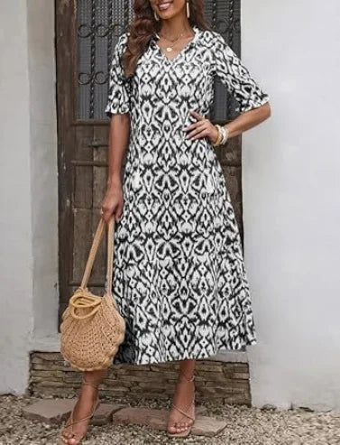 FALL Summer New 2026 Women's Casual Sweet Loose Sexy V-neck Drawstring Fashionable Printed Long Sleeved Boho Bohemian Dresses