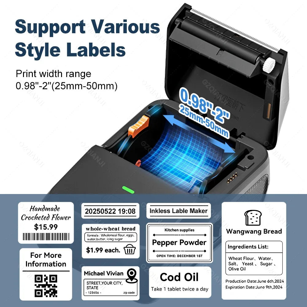 20-50mm P2 Mini Thermal Label Printer Portable Wireless Bluetooth Office Business Sticker Printer for Android / iOS
