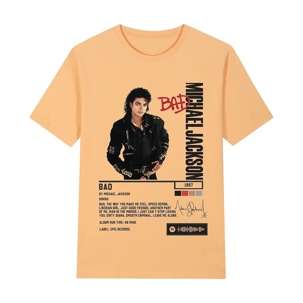 Singer Michael Jackson Bad Album Vintage T-shirt King Of Pop Streetwear Casual Cotton Men T shirt New Tee Tshirt Womens Tops