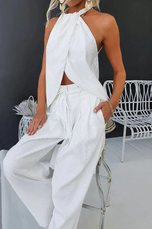 2025 Summer New Women's Elegant Solid Set Sexy Halter Tops+Lace-up Wide-leg Pants Two Piece Set Fashion High Street Office Lady
