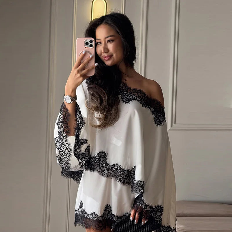 Elegant Lace Patchwork Women's Shirt Skirts Suit Long Sleeve  Off Shoulder Loose Lady Set 2026 Summer Autumn Chic Female Outfits