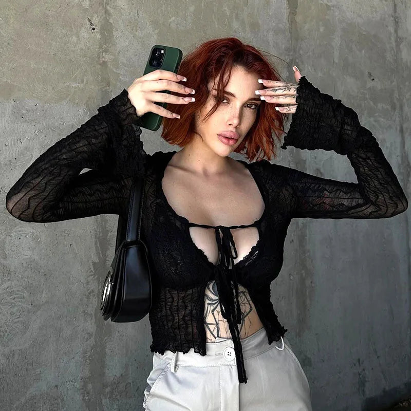 Gothic Lace Up Sexy Blouses Grunge Y2k Fairycore Long Sleeve T-shirts Female Transprent Skinny Fashion Tops