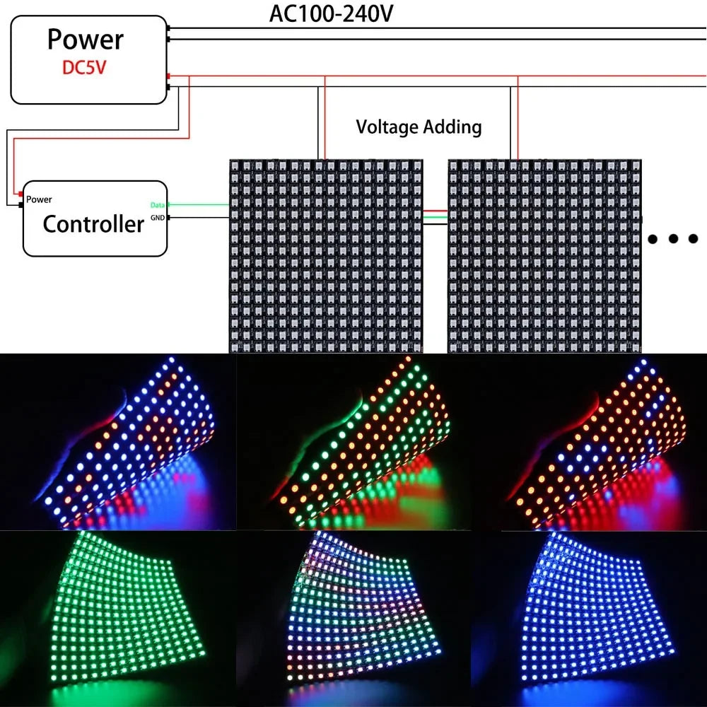 4x12 8x8 16x16 8x32 WS2812 RGBIC Led Digital Matrix Panel Lights WS2812 Flexible Addressable Spliceable Pixel Module Screen DC5V