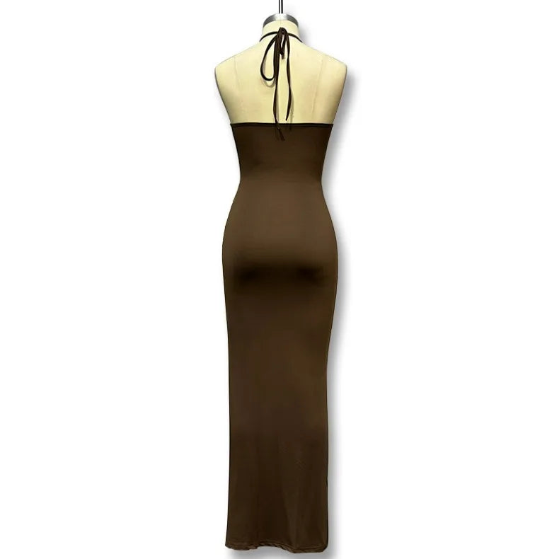 Solid Color Neck Hanging, Pleated High Slit Sexy Dress Birthday Party Dinner Party Sexy Elegant Fashionable Dress