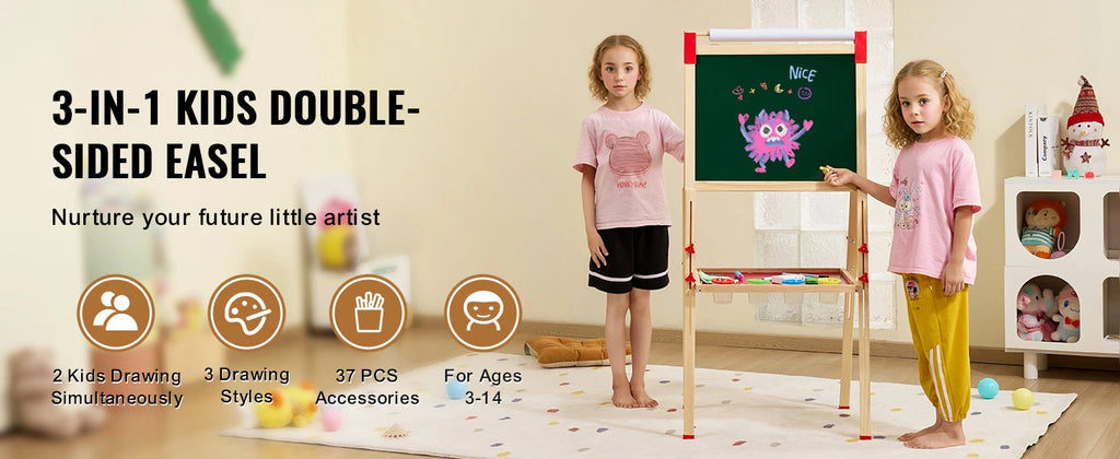 SucceBuy Children Magnetic Drawing Board Wooden Double-Sided Kid's Art Easel with Whiteboard Chalkboard for Girls Gifts Toys