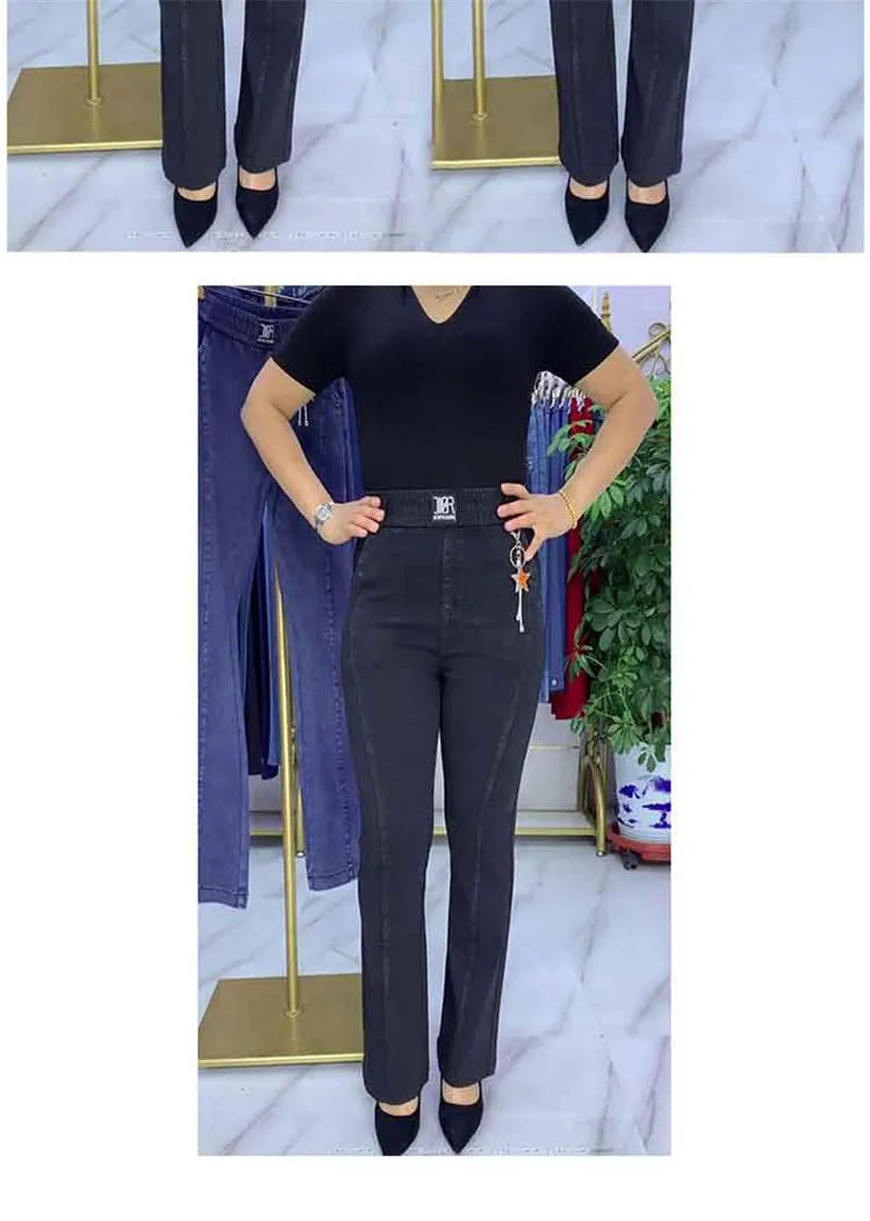 Middle-aged Women's Jeans Spring Fall Stretch Waist Denim Pants Large Size Loose Female Micro Flare Pants Winter Thick Warm Jean