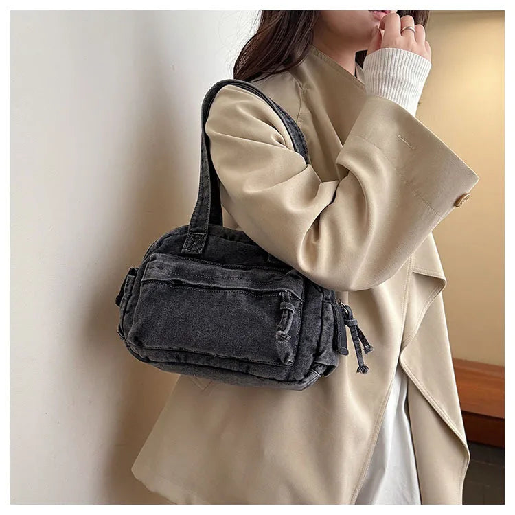 Trendy Vintage Denim Top Handle Bag Women Fashion Spring Shoulder Bag Casual Comfortable and Versatile Texture Storage Bag