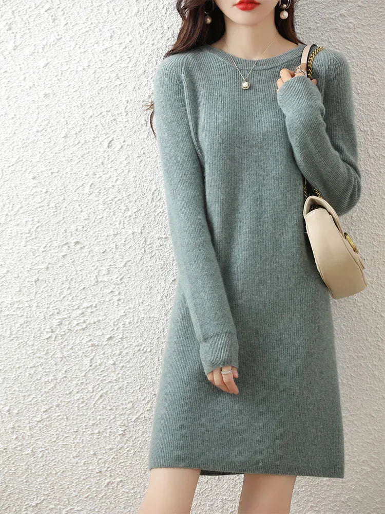 Knit Dresses for Women's Fashion Sweater 100% Merino Wool Winter Ladies O-Neck Warm Knitted Dress Fall Female Casual Black Skirt