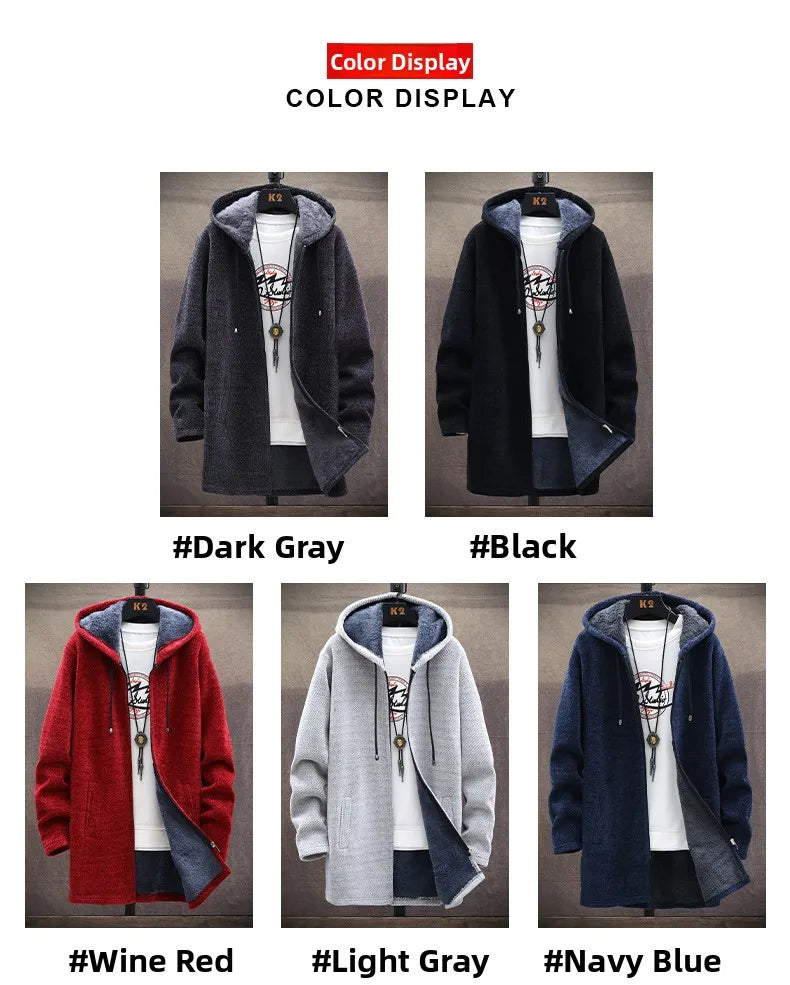 Men's Knitted Sweater Cardigan Thickened Fleece Hooded Casual Style Warm Outerwear Autumn Winter New Arrival Korean Version
