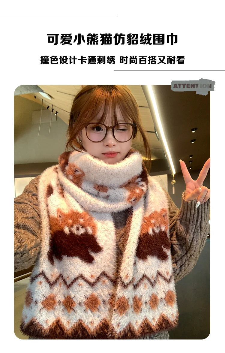 Japanese Cute Lolita Cartoon Red Panda Plush Scarf Female Autumn Winter Thickened Warm Versatile Maillard Neck Scarf 2025 New
