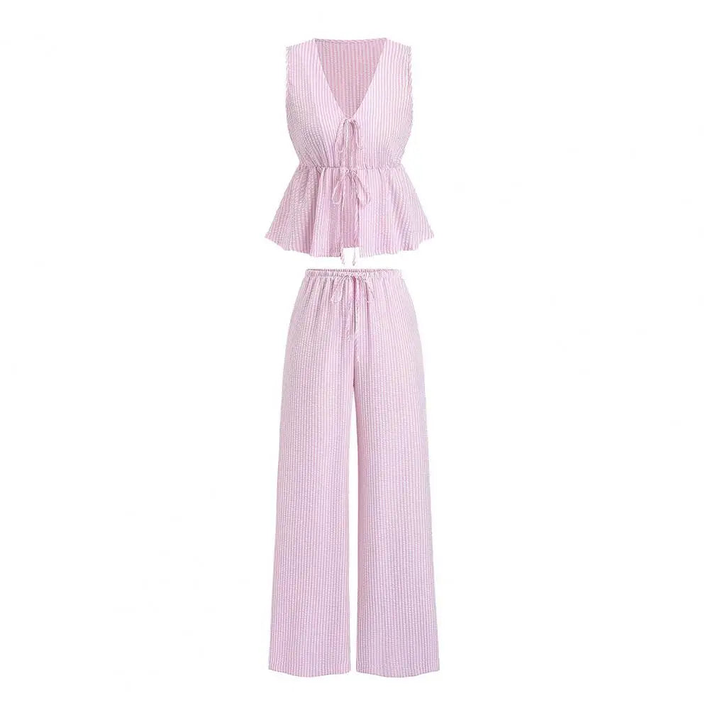 Women's Summer Striped Lace-up 2 Piece Outfits Tie Front Ruffle Lightweight Sleeveless Tank Top and Wide Leg Pants Lounge Sets